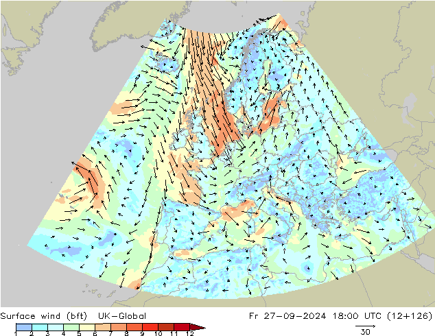 Rüzgar 10 m (bft) UK-Global Cu 27.09.2024 18 UTC