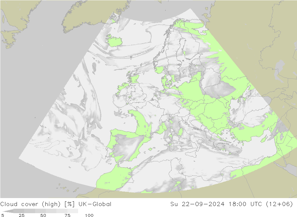 Cloud cover (high) UK-Global Su 22.09.2024 18 UTC