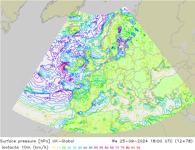 Isotachs (kph) UK-Global We 25.09.2024 18 UTC