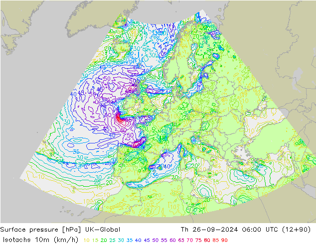 Isotachs (kph) UK-Global Čt 26.09.2024 06 UTC