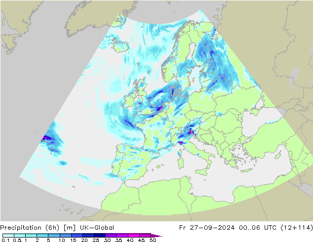 Precipitation (6h) UK-Global Fr 27.09.2024 06 UTC