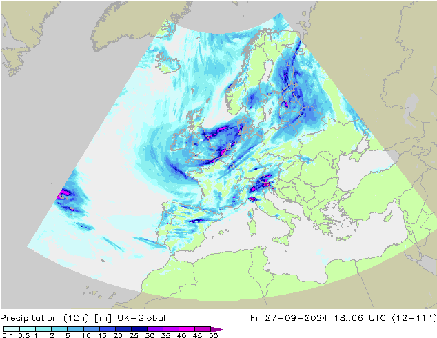 Precipitazione (12h) UK-Global ven 27.09.2024 06 UTC