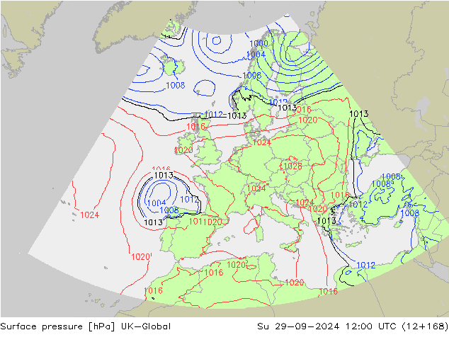 Pressione al suolo UK-Global dom 29.09.2024 12 UTC