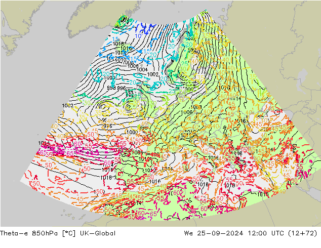 Theta-e 850hPa UK-Global St 25.09.2024 12 UTC