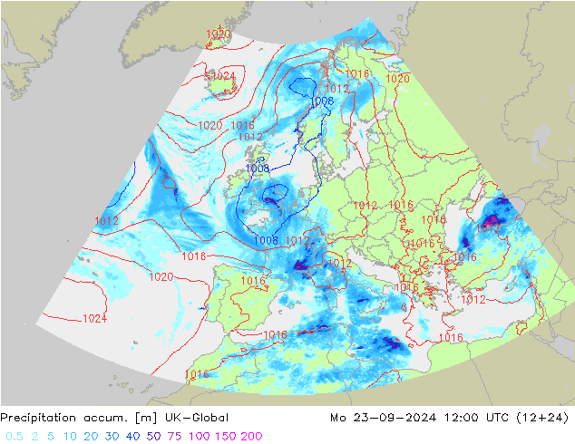 Precipitation accum. UK-Global Mo 23.09.2024 12 UTC