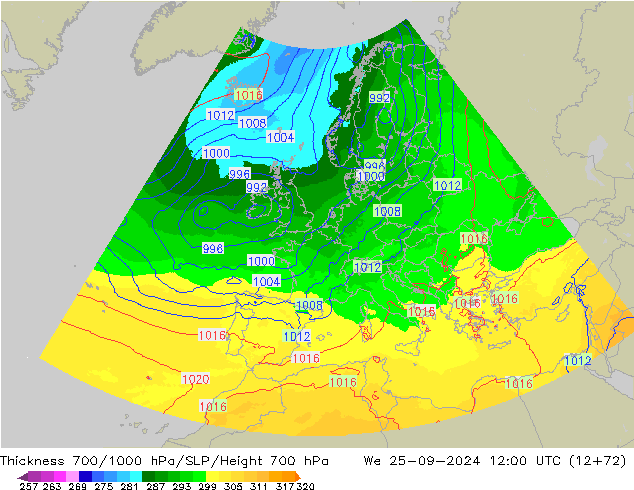 700-1000 hPa Kalınlığı UK-Global Çar 25.09.2024 12 UTC