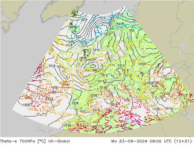 Theta-e 700hPa UK-Global ma 23.09.2024 09 UTC