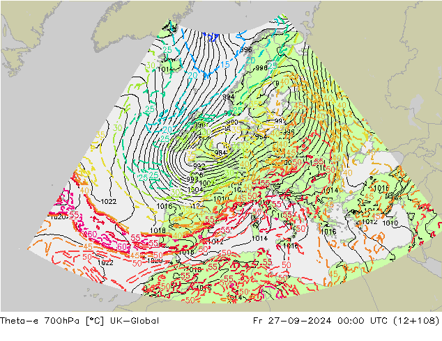 Theta-e 700hPa UK-Global Fr 27.09.2024 00 UTC