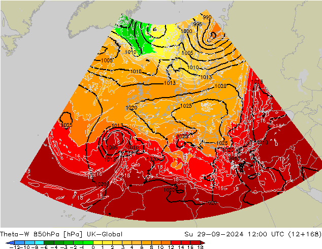 Theta-W 850hPa UK-Global dom 29.09.2024 12 UTC