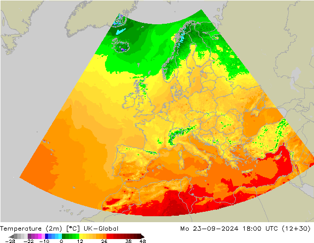 Temperatuurkaart (2m) UK-Global ma 23.09.2024 18 UTC