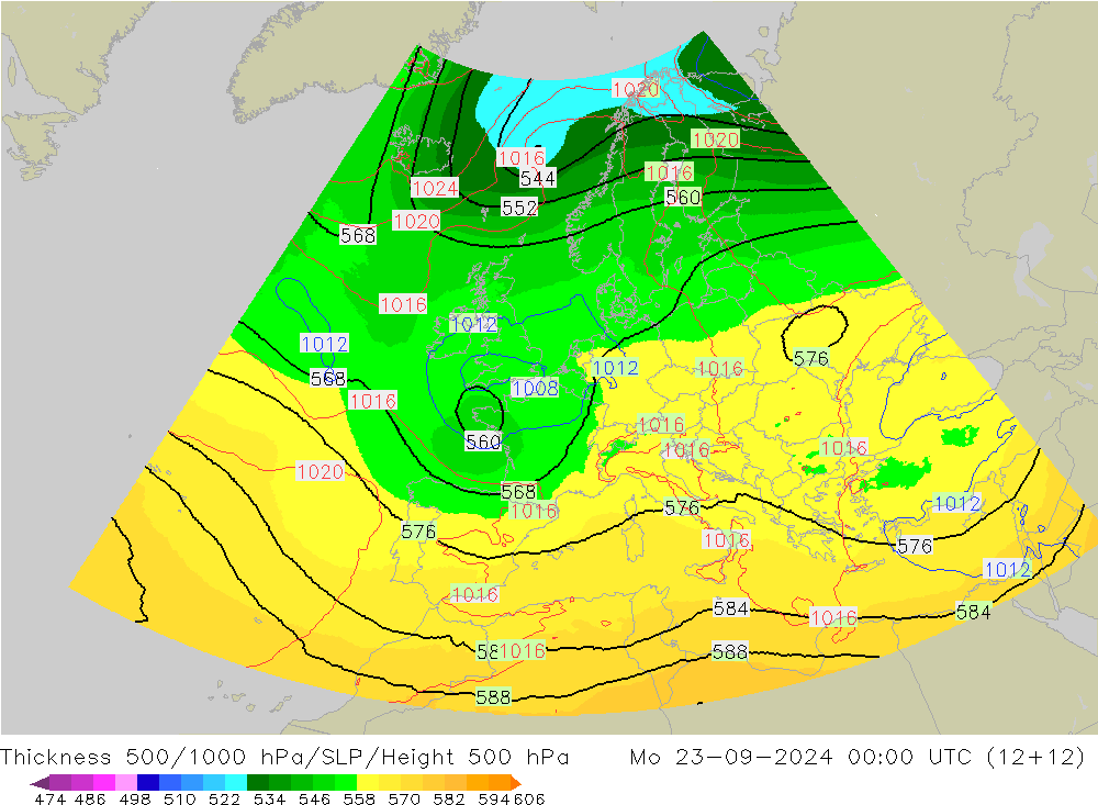 Schichtdicke 500-1000 hPa UK-Global Mo 23.09.2024 00 UTC