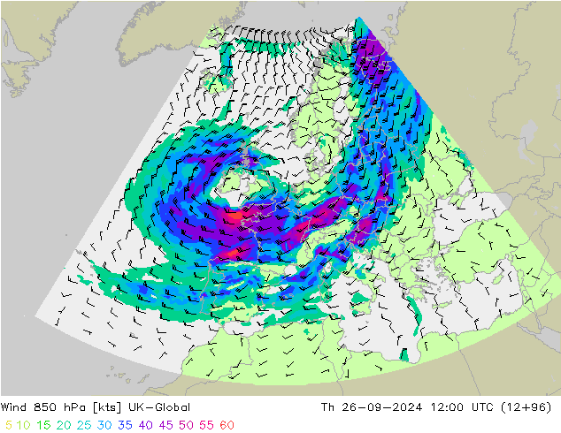 Wind 850 hPa UK-Global Th 26.09.2024 12 UTC