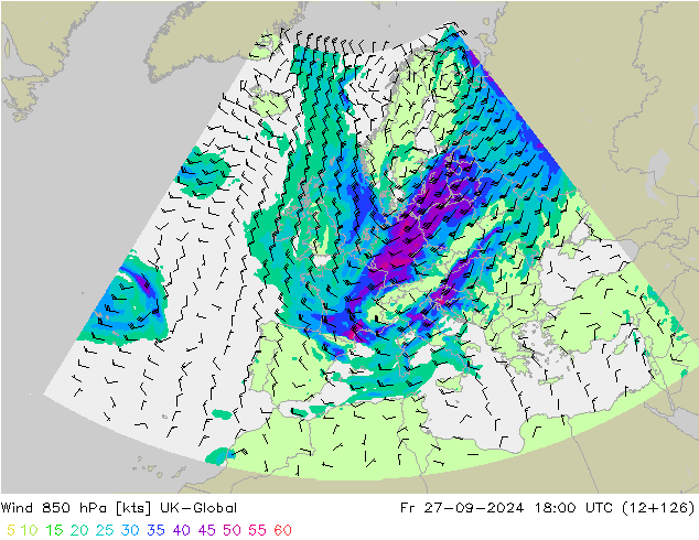 Wind 850 hPa UK-Global Fr 27.09.2024 18 UTC