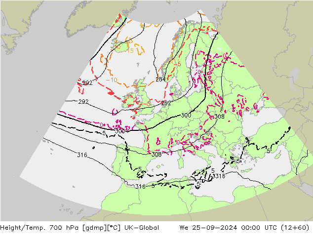 Height/Temp. 700 hPa UK-Global śro. 25.09.2024 00 UTC