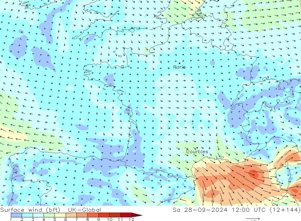 Surface wind (bft) UK-Global Sa 28.09.2024 12 UTC