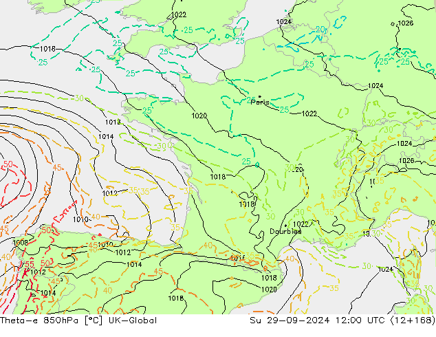 Theta-e 850гПа UK-Global Вс 29.09.2024 12 UTC