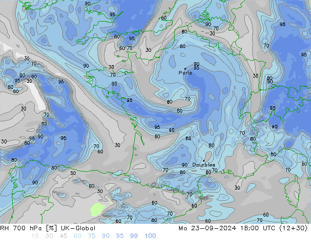 Humedad rel. 700hPa UK-Global lun 23.09.2024 18 UTC