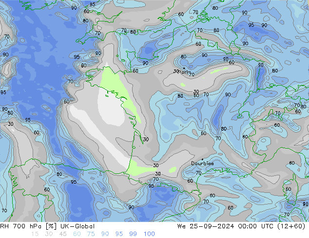 RH 700 hPa UK-Global mer 25.09.2024 00 UTC