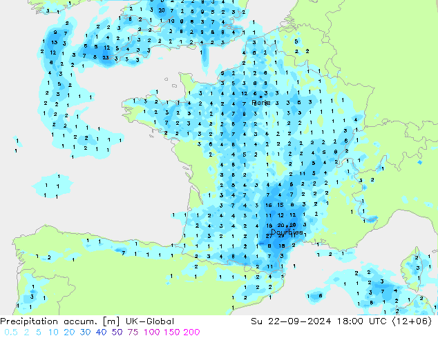 Precipitation accum. UK-Global Su 22.09.2024 18 UTC