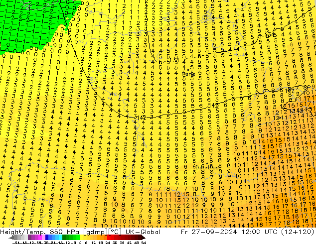 Height/Temp. 850 hPa UK-Global Fr 27.09.2024 12 UTC