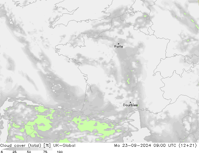 Cloud cover (total) UK-Global Mo 23.09.2024 09 UTC