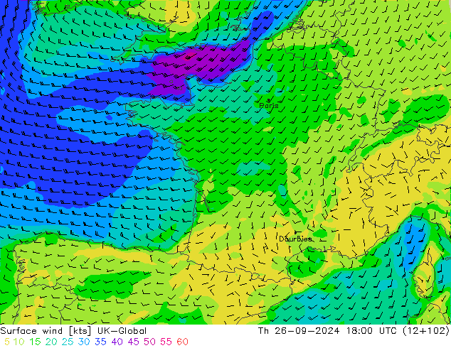 Surface wind UK-Global Th 26.09.2024 18 UTC