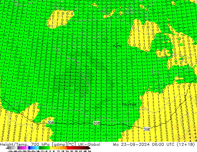 Height/Temp. 700 hPa UK-Global Mo 23.09.2024 06 UTC