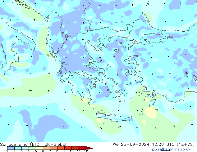 Wind 10 m (bft) UK-Global wo 25.09.2024 12 UTC