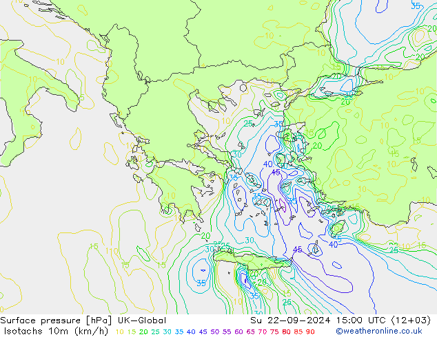 Eşrüzgar Hızları (km/sa) UK-Global Paz 22.09.2024 15 UTC