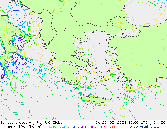 Izotacha (km/godz) UK-Global so. 28.09.2024 18 UTC