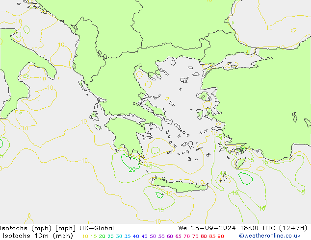 Isotachen (mph) UK-Global wo 25.09.2024 18 UTC