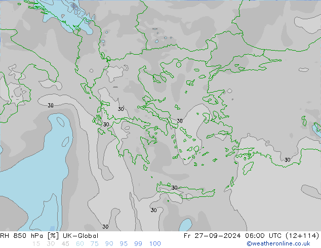 RH 850 hPa UK-Global Fr 27.09.2024 06 UTC