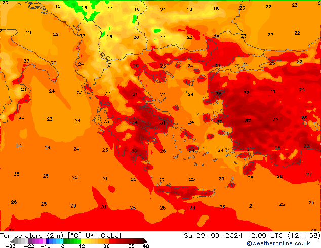 Temperatuurkaart (2m) UK-Global zo 29.09.2024 12 UTC