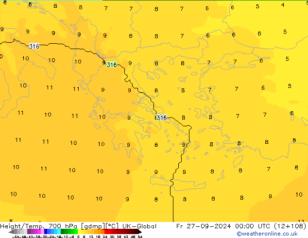 Géop./Temp. 700 hPa UK-Global ven 27.09.2024 00 UTC