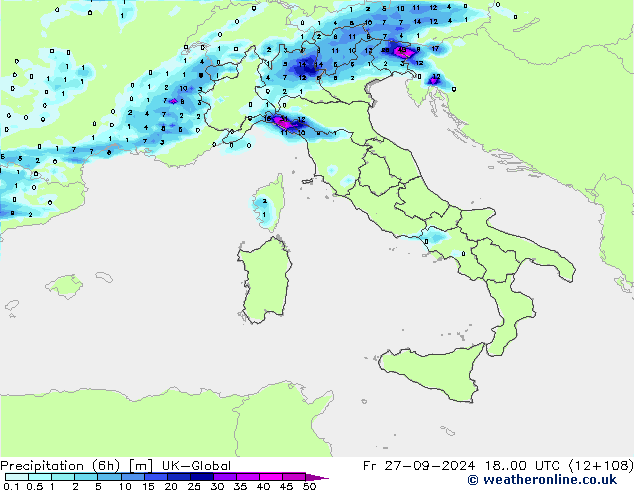 Precipitation (6h) UK-Global Fr 27.09.2024 00 UTC