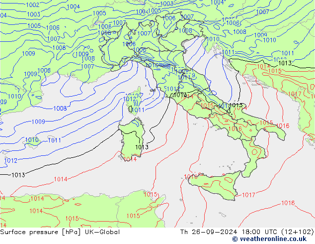 Pressione al suolo UK-Global gio 26.09.2024 18 UTC