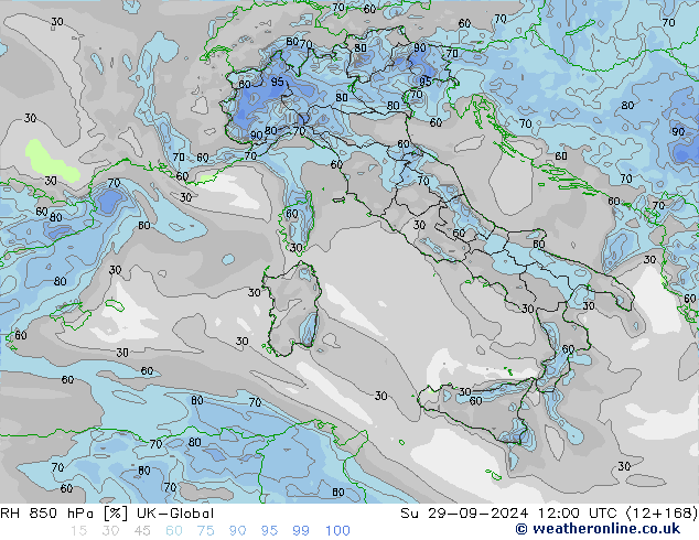 RH 850 hPa UK-Global Su 29.09.2024 12 UTC