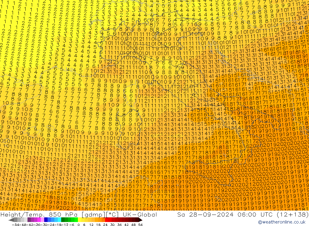 Géop./Temp. 850 hPa UK-Global sam 28.09.2024 06 UTC