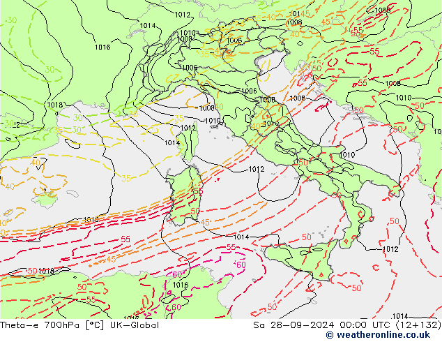 Theta-e 700hPa UK-Global Sáb 28.09.2024 00 UTC