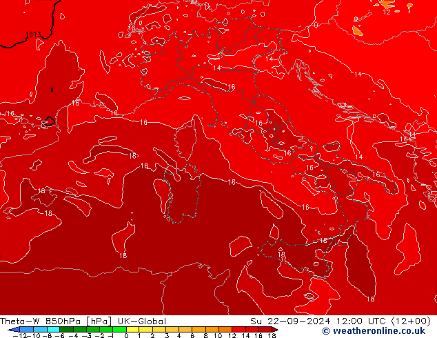 Theta-W 850hPa UK-Global Su 22.09.2024 12 UTC