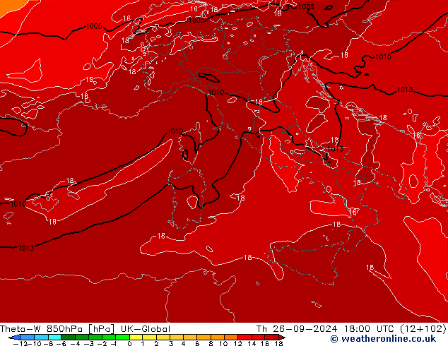 Theta-W 850hPa UK-Global Čt 26.09.2024 18 UTC