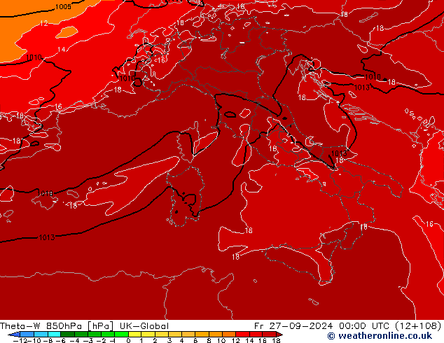 Theta-W 850hPa UK-Global Cu 27.09.2024 00 UTC