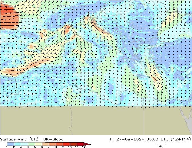 Surface wind (bft) UK-Global Fr 27.09.2024 06 UTC