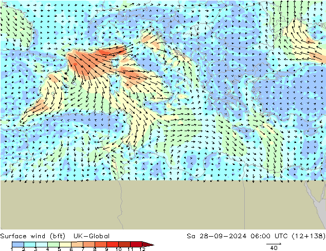 Wind 10 m (bft) UK-Global za 28.09.2024 06 UTC