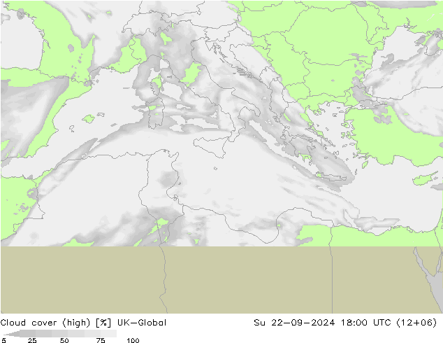 Cloud cover (high) UK-Global Su 22.09.2024 18 UTC