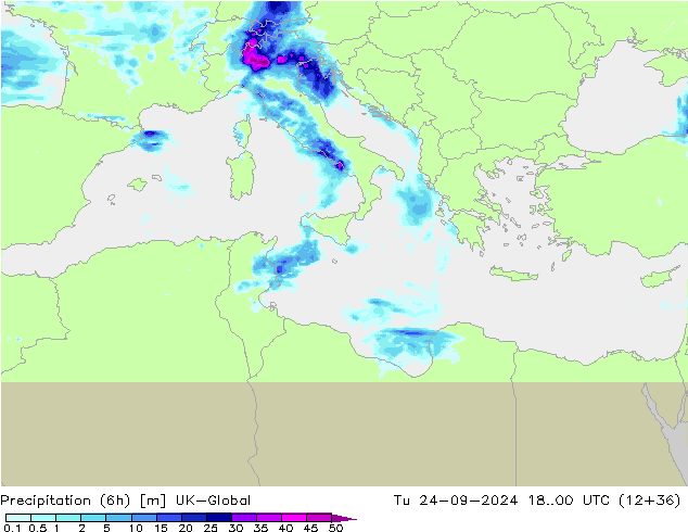 Precipitation (6h) UK-Global Tu 24.09.2024 00 UTC