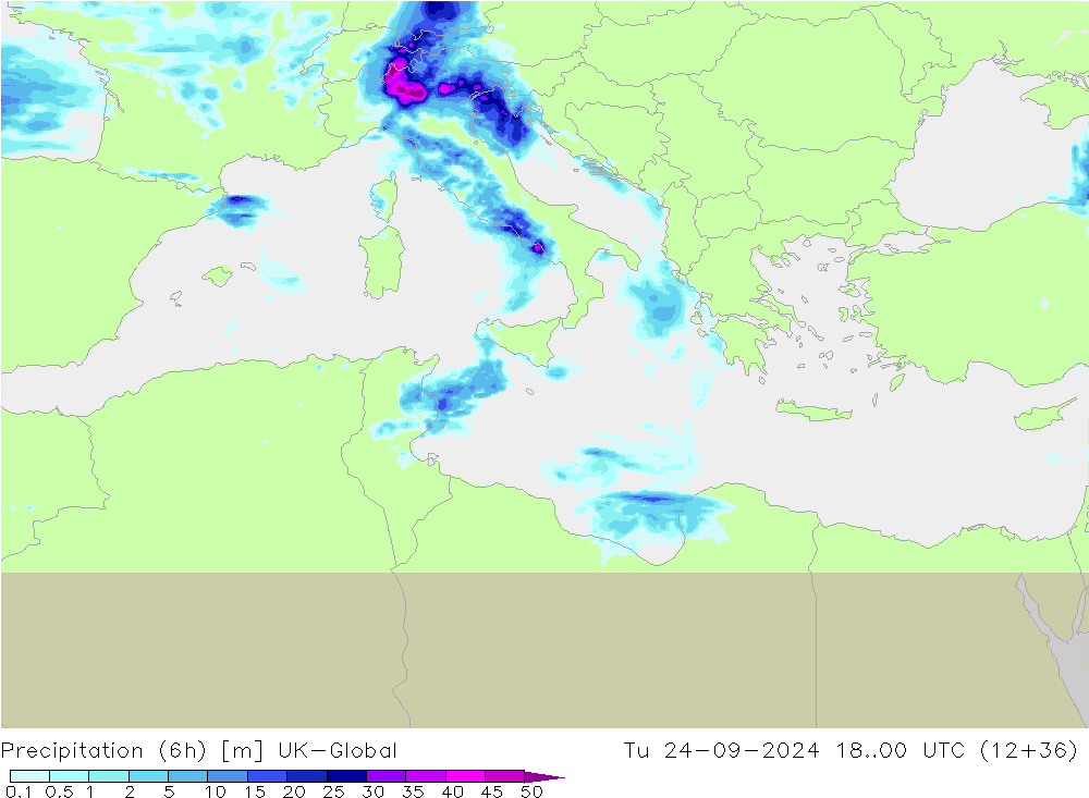 Precipitation (6h) UK-Global Tu 24.09.2024 00 UTC