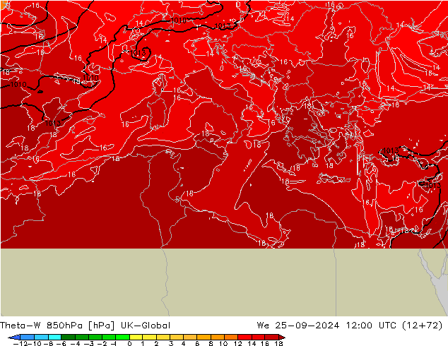 Theta-W 850hPa UK-Global śro. 25.09.2024 12 UTC