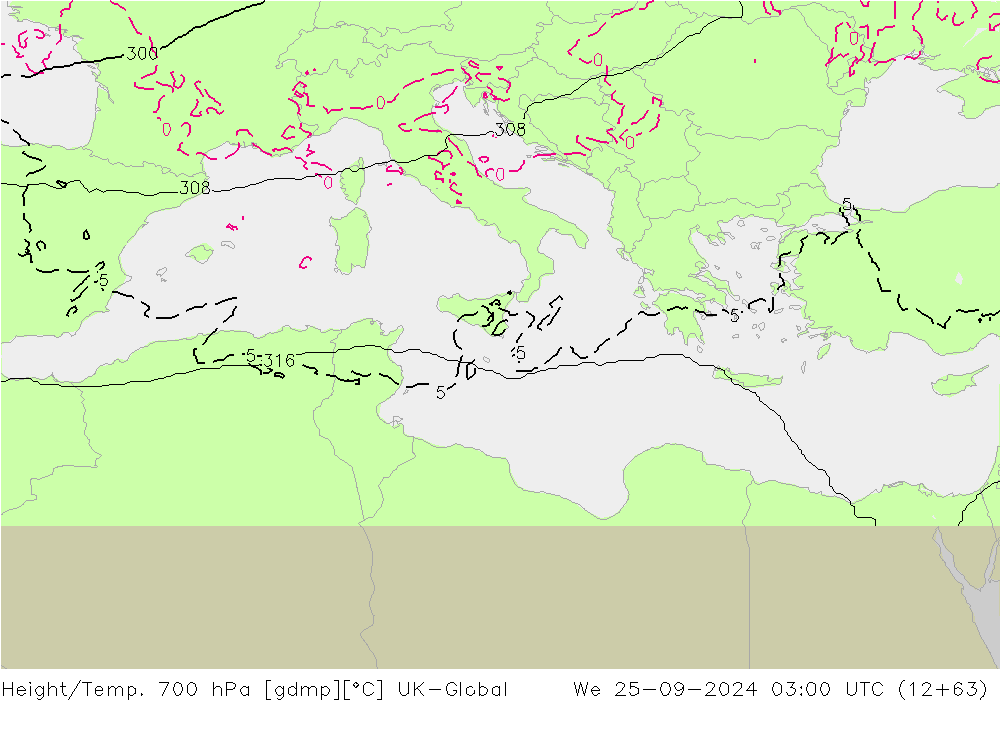 Yükseklik/Sıc. 700 hPa UK-Global Çar 25.09.2024 03 UTC
