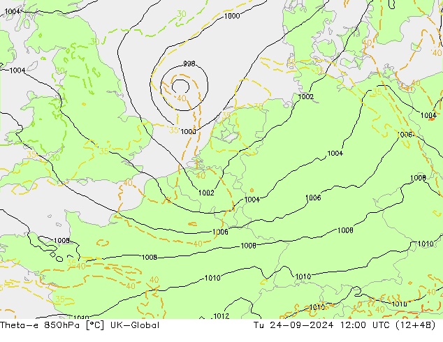 Theta-e 850hPa UK-Global Di 24.09.2024 12 UTC